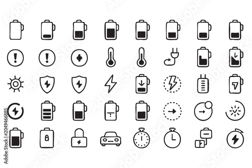 Energy Storage Line Icon Set with Battery Level, Charger and Electric Vehicle Graphics