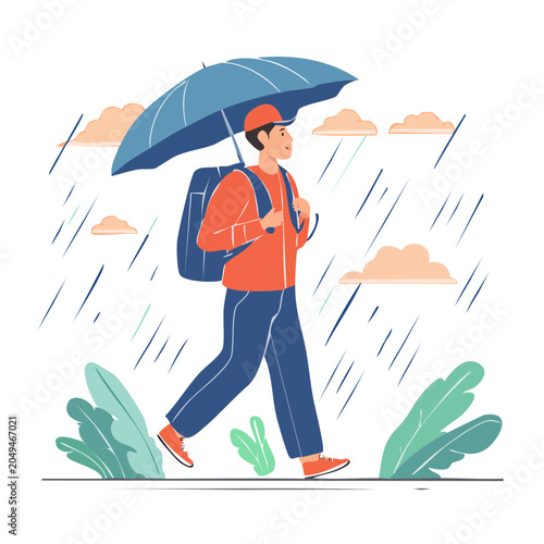Man walking in the rain with an umbrella and backpack