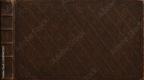 Vintage dark brown leather book cover with embossed floral diamond pattern