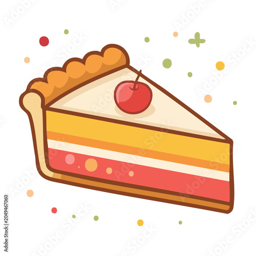 Slice of layered pie with cherry on top and confetti