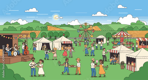 Obraz na plátně A vibrant outdoor festival with people, tents, and rides