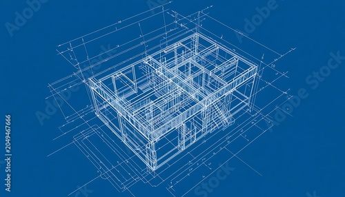 High-angle orthographic view of a technical architectural blueprint of a multi-story building plan