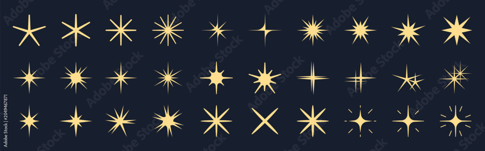 Obraz premium Vector set of various golden starburst shapes on a dark background.