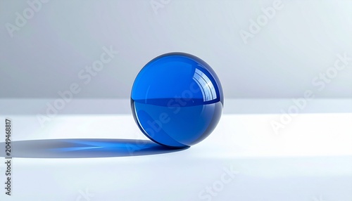 Single sapphire blue glass sphere, subtle reflections and shadows, minimalist layout background