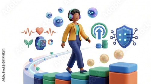3D flat vector minimalist corporate Memphis-inspired illustration of business people collaborating on colorful platforms