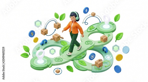 3D flat vector minimalist corporate Memphis-inspired illustration with abstract shapes and cheerful office workers