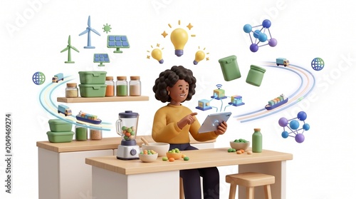 3D flat vector scene of a creative woman in a colorful design studio working on a digital illustration with stylus