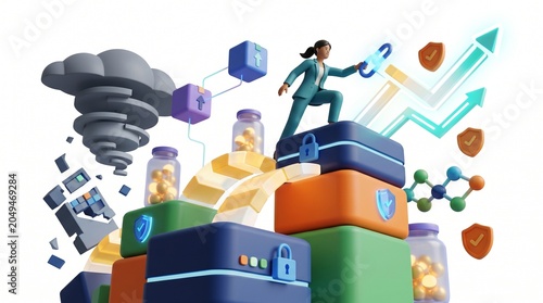 3D flat vector dramatic angled perspective illustrating a financial trading floor with massive screens and active traders