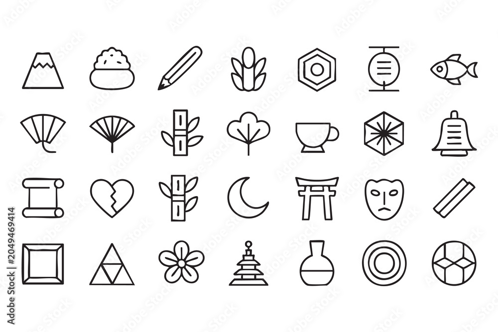 Fototapeta premium Japanese culture outline icon collection for travel guides, heritage branding, tourism apps and traditional design templates