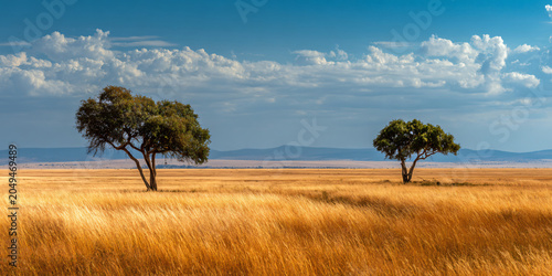 Two Trees in Golden Savanna Field with Mountain Background