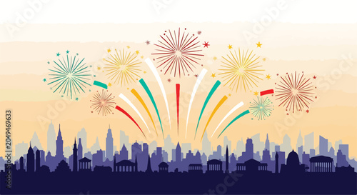 Tablou pe pânză A city skyline celebrating with colorful fireworks