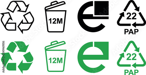 Foto Eco Friendly Product Packaging Recycling Icon Set with Mobius Loop Period After