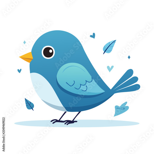 Cute blue bird illustration with leaves and hearts