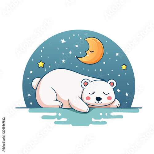 Cute polar bear sleeping under the moon and stars