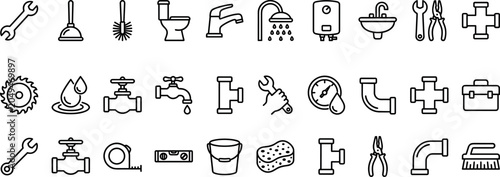 Konstfotografi Plumbing and Home Repair Line Icon Set Featuring Wrench Plunger Toilet Faucet Sh