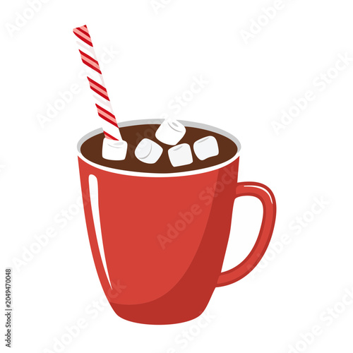 Red mug of hot chocolate with marshmallows and candy cane