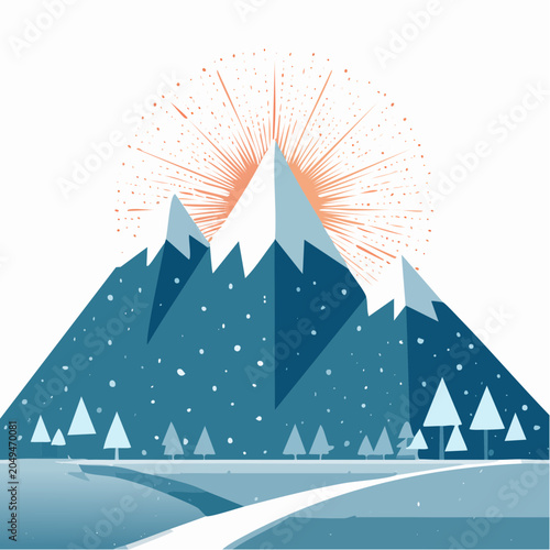 Stylized mountain landscape with sun and snow