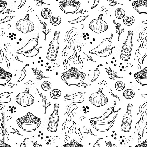 Chili Pepper and Spice Seamless Doodle Pattern Black and White Vector