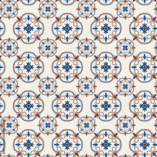 European Ceramic Tile Seamless Pattern with Blue Floral Ornamental Motifs