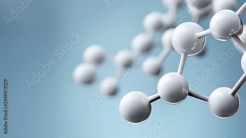 Molecule molecular structure chemistry science atom bond compound, white ball and stick model on blue background, clean biotech concept
