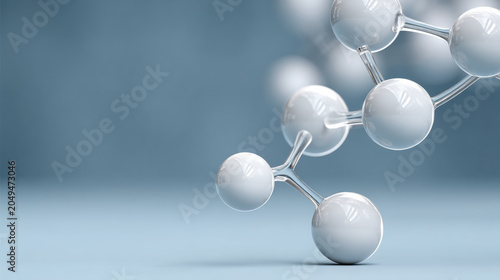 Molecule molecular chemistry science nanotechnology skincare cosmetic serum concept, glossy sphere structure on blue background, clean lab style
