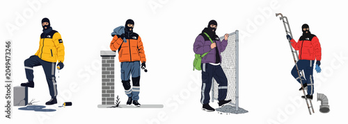 Εκτύπωση καμβά Set of four illustrated characters in colorful puffer jackets and balaclavas engaged in urban activities like graffiti, burglary, and exploration