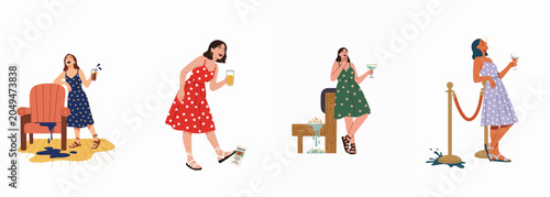Tableau sur toile Collection of humorous flat illustrations featuring women in polka-dot dresses experiencing clumsy moments with drinks and spills at social events