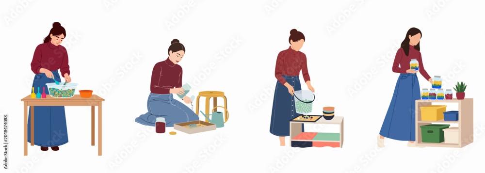 Fototapeta premium Set of illustrations showing a woman organizing, sorting items into jars, and performing domestic gardening tasks in a flat design style.