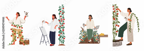 Set of flat illustrations featuring a woman multitasking with gardening, work, and art while humorously spilling coffee in various chaotic scenes.
