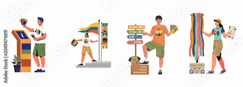 Foto Set of flat illustrations featuring people participating in a global cultural festival with brochures, maps, and information stands