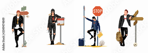 Canvas-taulu Four stylish young rebels in leather jackets posing with road signs in a desert setting, perfect for youth culture and adventure themes