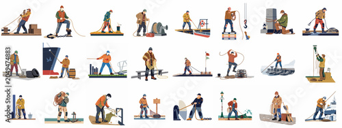 Foto Collection of illustrations featuring dockworkers and sailors performing various maritime tasks like pulling ropes, handling cargo, and securing ships on a harbor pier
