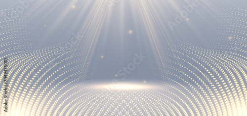 Luxury Golden Light Stage Background with Glowing Particle Waves and Spotlight Rays.