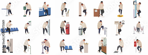 Fotografia Illustrations of a young man experiencing frustration and boredom while waiting in line at the DMV office for various services