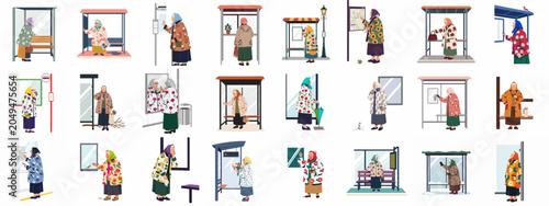 Foto Flat vector illustrations of an elderly woman in various situations while waiting at different bus stops across the city