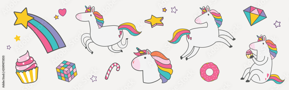 Obraz premium Vector of colorful unicorns, stars, and sweets in a playful, whimsical style.
