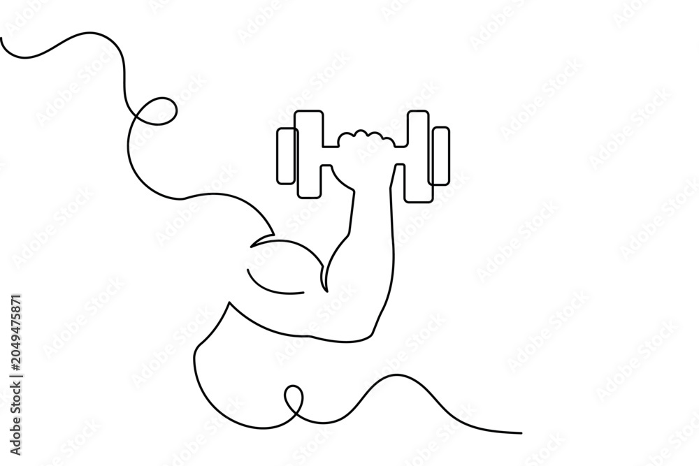 Obraz premium Bicep muscle with dumbbell continuous one line drawing vector illustration