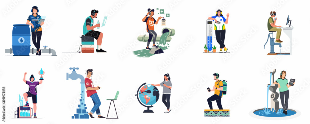 Fototapeta premium Vector illustrations of gamers and streamers participating in charity events focused on water conservation, global water access, and environmental sustainability fundraising.