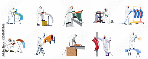 Set of auto body shop workers in white protective suits painting and sanding car parts with spray guns and tools, vector illustration.