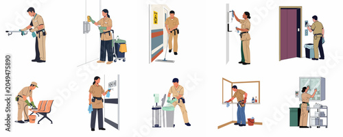 Schilderij op canvas Set of professional cleaners in uniform performing various janitorial tasks such as mopping, dusting, and disinfecting in a commercial building environment