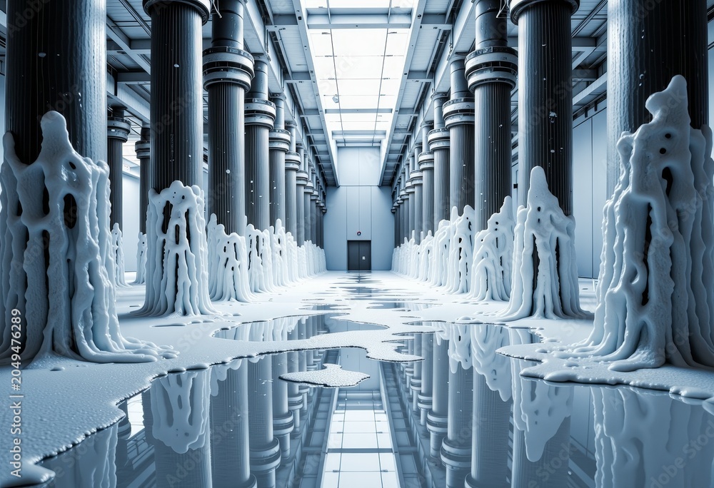 Obraz premium Futuristic hallway with abstract ice sculptures and reflections.