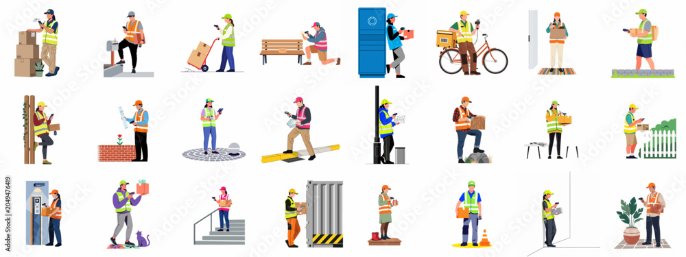 Fototapeta premium Flat vector collection of delivery personnel in high-visibility vests scanning and delivering packages in various urban and residential settings.