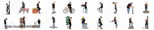 Foto Illustrations of teenagers and young adults using smartphones in diverse daily situations, depicting modern digital obsession and social media connectivity in a minimalist style