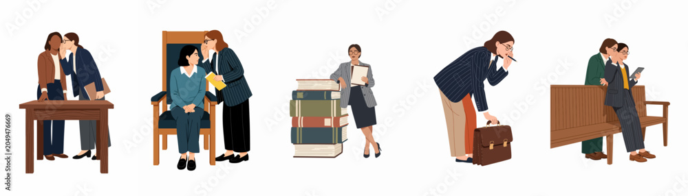 Fototapeta premium Set of professional women whispering secrets and sharing information in various office and legal settings, flat vector illustration.