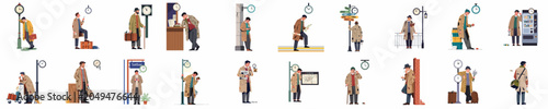 Foto Collection of flat vector illustrations depicting a weary man in a tattered trench coat in various urban and travel-related scenes, focusing on time and waiting