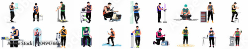 Tableau sur toile Collection of 18 flat vector illustrations depicting futuristic technicians and biohackers performing diverse technological, medical, and scientific tasks in a high-tech environment