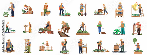 Foto Comprehensive set of male gardener illustrations showcasing various agricultural activities like planting, watering, fertilizing, and harvesting in a backyard vegetable garden