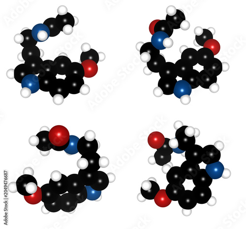 Schilderij op canvas Detailed 3D Ball Models of Melatonin Molecule Molecule Structure, Sleep Hormone