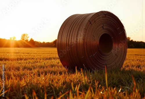 Large hay bale in golden sunset field.