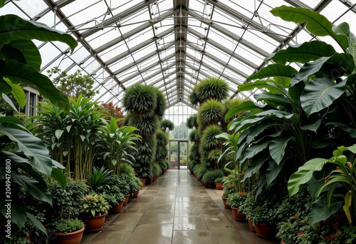 Lush Greenhouse Interior with Diverse Foliage.